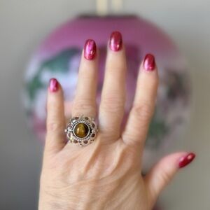 Elegant Silver Poison Ring with Tigers Eye gemstone size 7/8